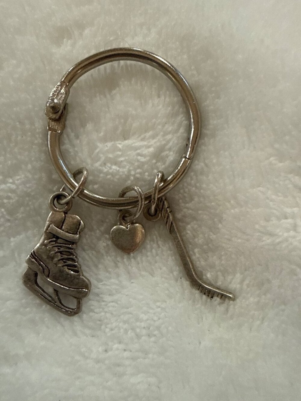 Hockey Ice Skate Charm Keychain With Heart & Stick Accents - Silver Tone - Sport
